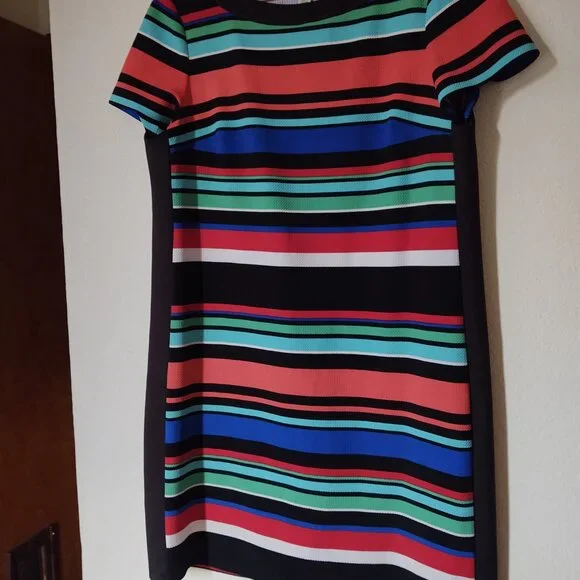 LONDON STYLE COLLECTIONS BLACK BACK FRONT STRIPED PETITE SIZE 14 KNIT STYLE DRES - Picture 6 of 7